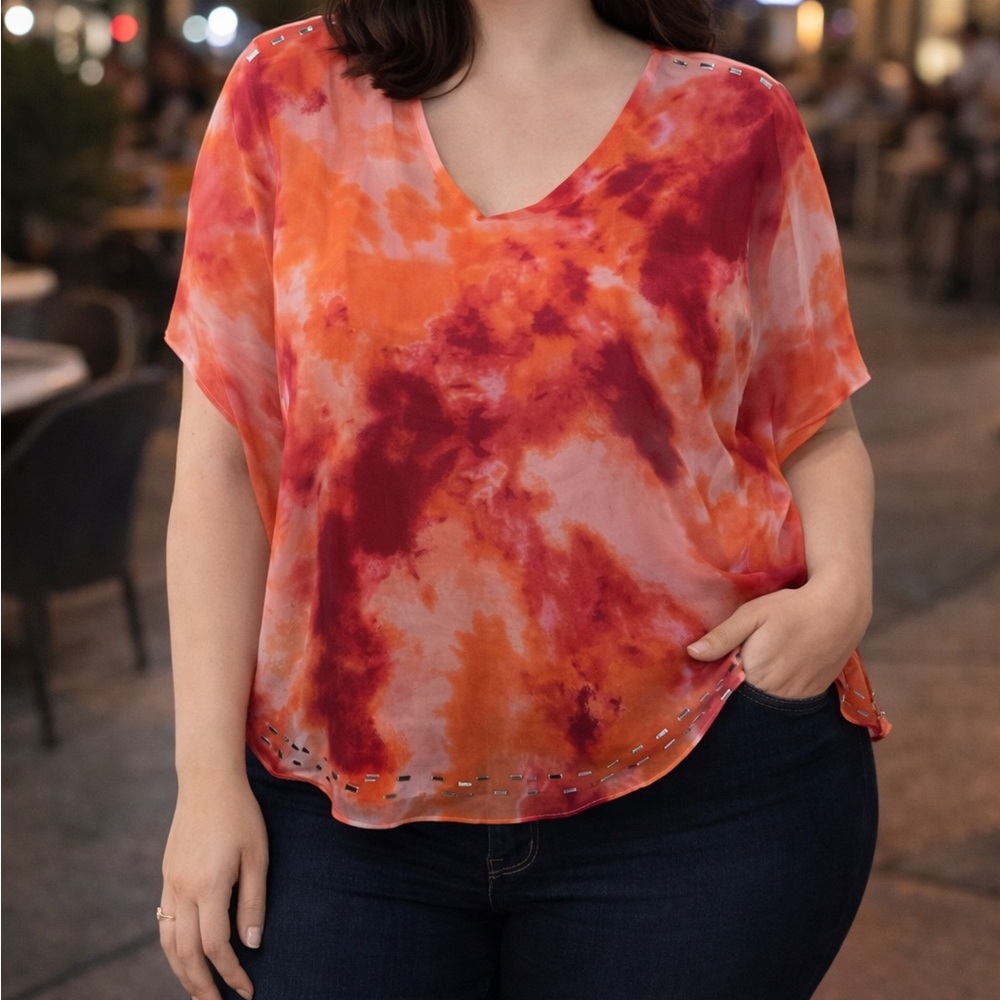 One World Tie-Dye Semi-Sheer Embellished Blouse | Boho Layered Top | 1X